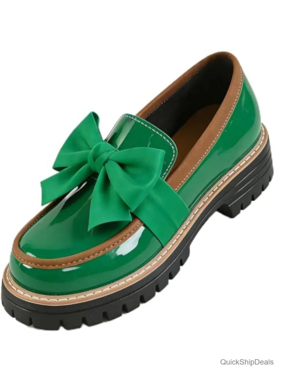 Patent Leather Bowknot Chunky Platform Loafers Women's Round Toe Non-Slip